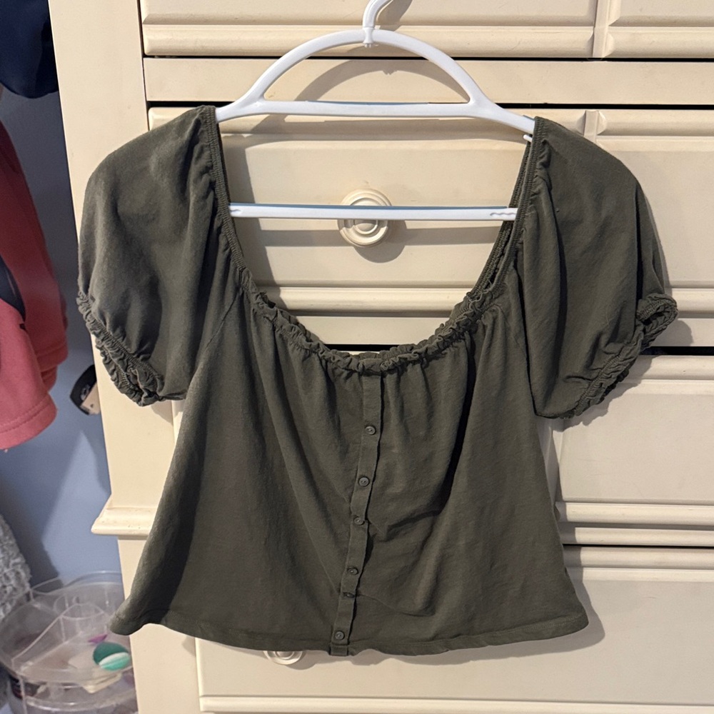 American Eagle Women's Olive Green Puff Sleeve Top